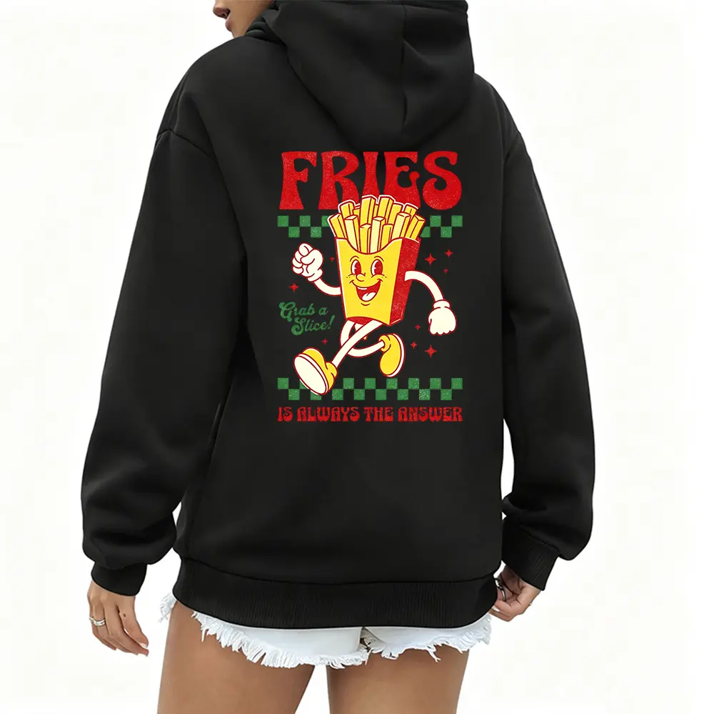 Women's Unisex Retro Double-Sided French Fries Cartoon Graphic Pullover Hoodie, Fast Food Fan Street Sweatshirt for Holiday Casual Gatherings