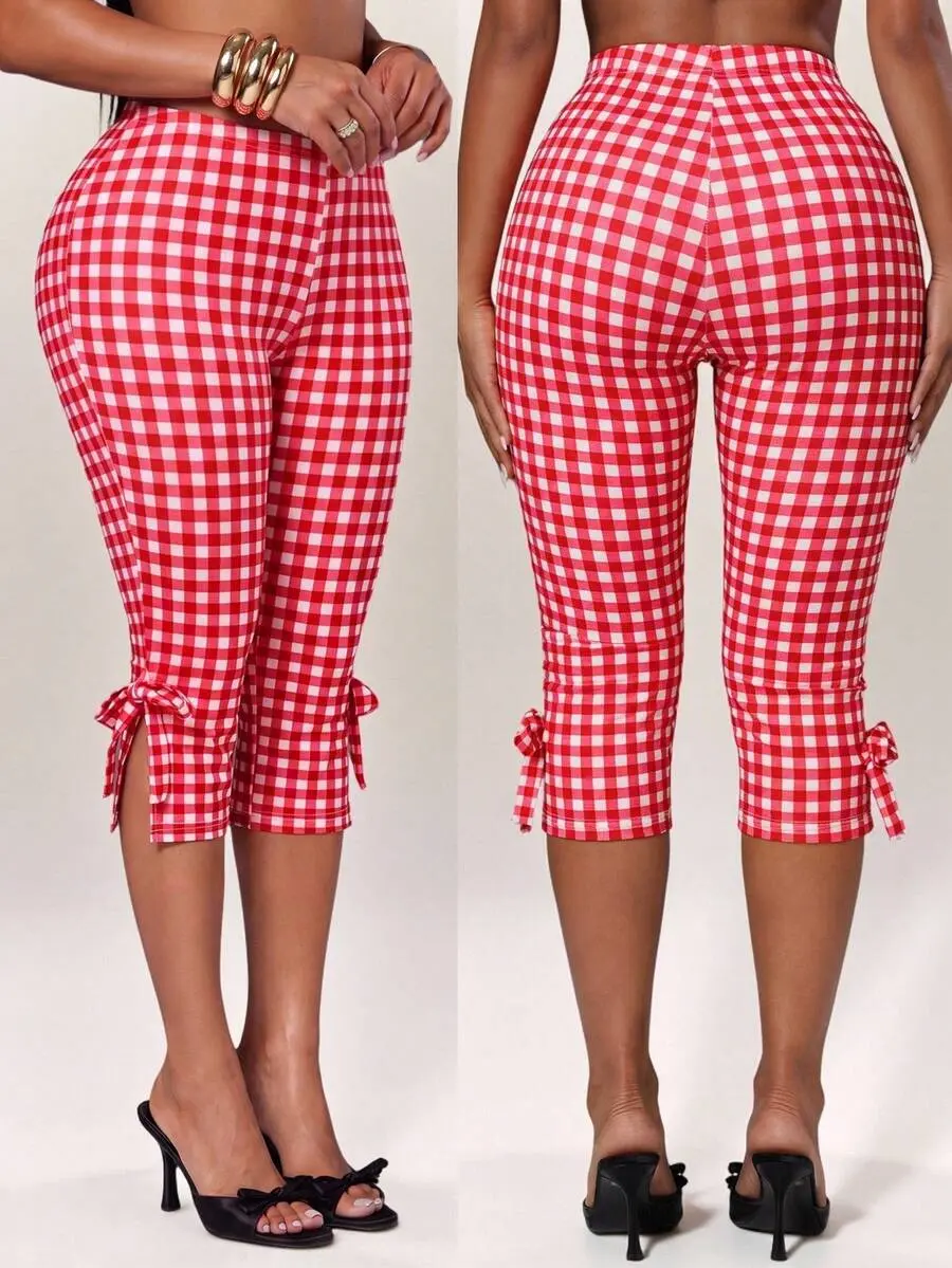 Radiana Women's Plaid Bow Fashion Casual Capri Pants