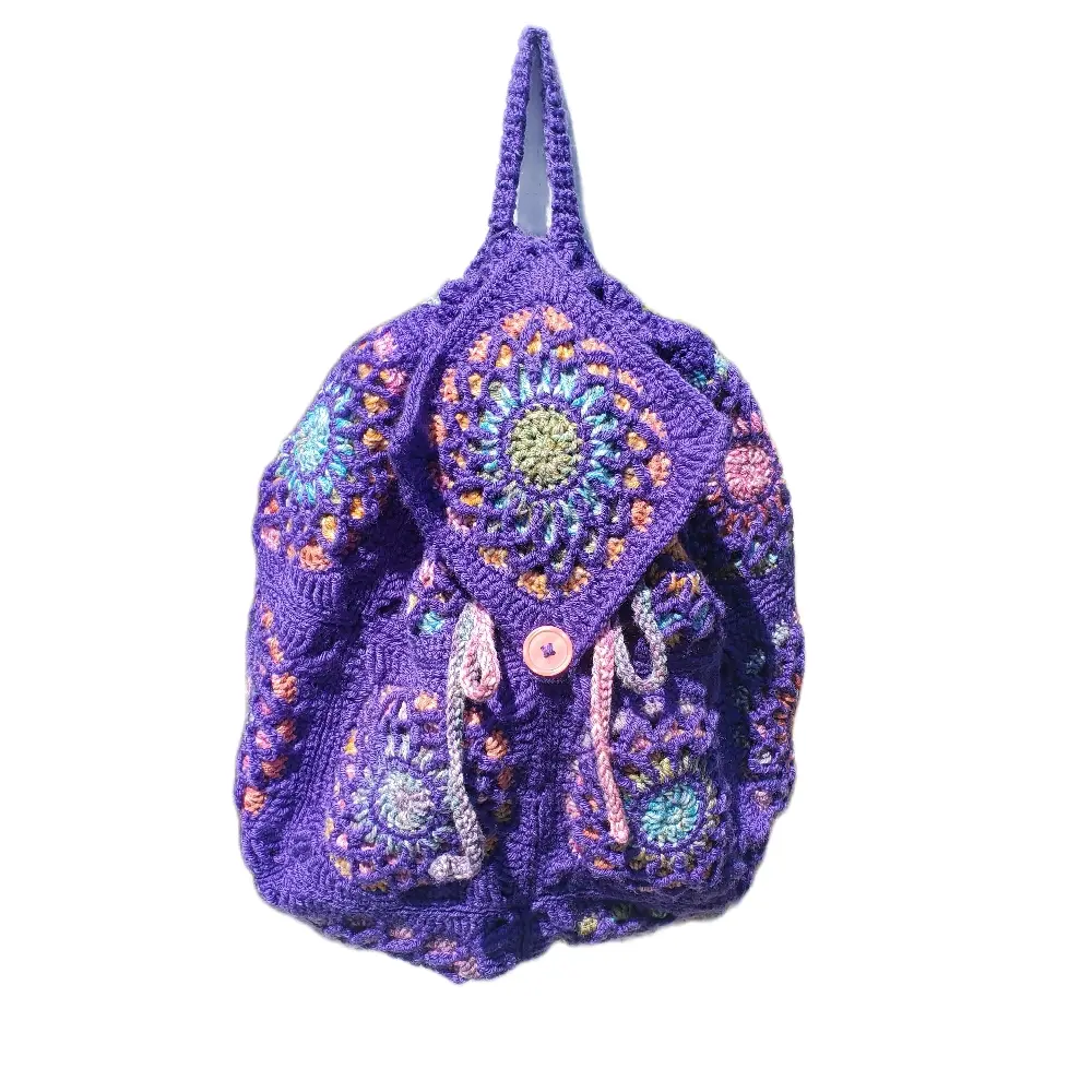 Kaye's Kreations Stained Glass Granny Square Backpack- Purple and Multi Color