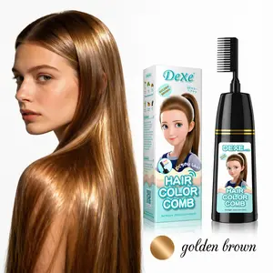 Home Use Integrated Comb Hair Dye Cream – Plant Essence Formula, Long-Lasting Fade-Resistant Color, Golden Brown / Light Brown / Natural Black