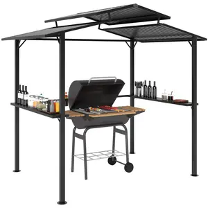Outsunny 8' x 5' Hardtop Grill Gazebo, Outdoor BBQ Gazebo with Double Metal Roof, 2 Side Shelves and 4 Cup Holders, Grill Canopy for Patio Backyard Lawn Deck
