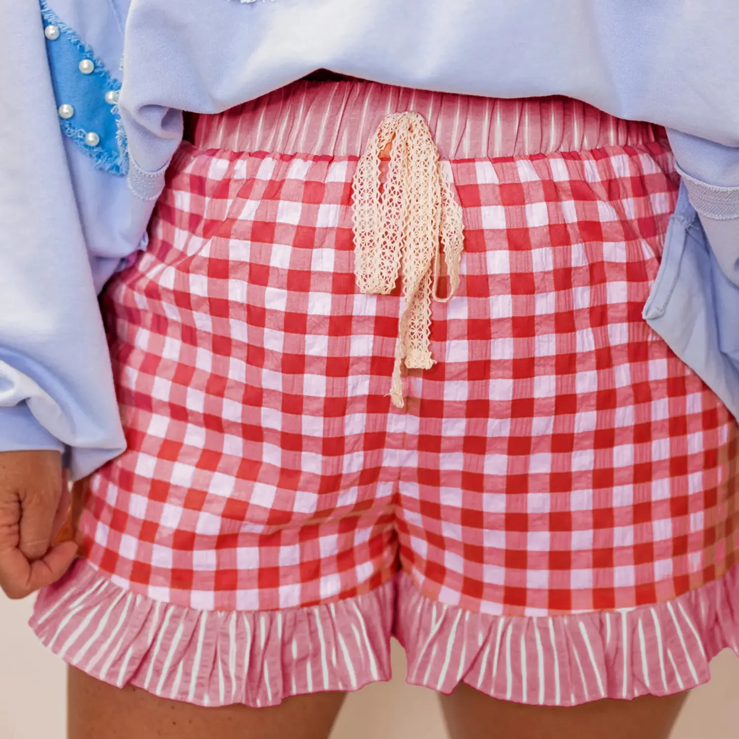 Vintage Gingham Plaid High Waist Shorts, 50% cotton elastic waist lace drawstring, ruffle hem preppy retro bottoms, tri-color checkered grid print, Y2K loungewear, picnic streetwear, lace tie shorts, TikTok vacation gingham pants