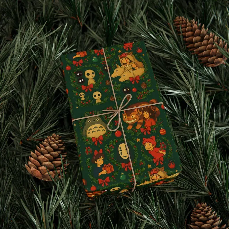 Ghibli Christmas Wrapping Paper, Studio Ghibli Gift Wrap, Ghibli Holiday, Ponyo, Spirited, Mononoke, Totoro, Catbus, No Face, Sprites, Kiki