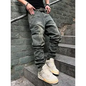 Men's Pioneer Trend Heavyweight Washed Vintage Street Casual Workwear Jeans Extra-Long Straight Loose Fit | Multi-Pocket Design for All Seasons | Button Closure Ideal for Men's Daily Wear