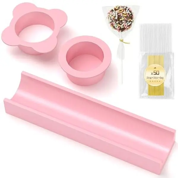 Round Cake Pop Mold Set with 50PCS Sticks Bags Ties,1.75 Inch Cake Pop Cutter and Pusher,Dishwasher Safe Baking Molds for Birthday Wedding Kids Party Desserts-Pink