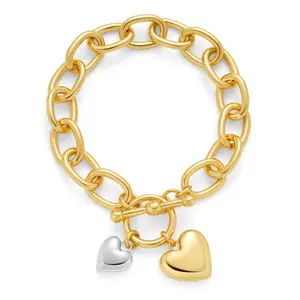 Women's Gold Chunky Toggle-Clasp Bracelet - 2-Tone Heart Charm Link Costume Jewelry Gift for Women