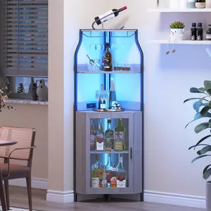 GARVEE 5-Tier Corner Wine Bar Cabinet with Barn Door – Adjustable Shelves & Glass Rack, Farmhouse Liquor Storage for Dining Room, Kitchen, Living Room – White Bas-Relief – Space-Saving Corner Design – Organize Your Wine & Barware in Style!