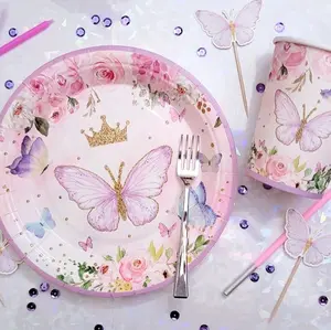 Butterfly Cake Plates Floral Design Pink Purple Disposable 12pcs 7in Plates with Gold Crown Perfect for Baby Showers & Birthdays