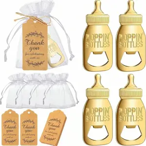 12 Sets Baby Shower Bottle Opener Favors with Organza Bags & Thank You Tags, Retro Style Popping Bottle Openers for Baby Shower Return Gifts, Party Souvenirs and Keychains for Boys and Girls
