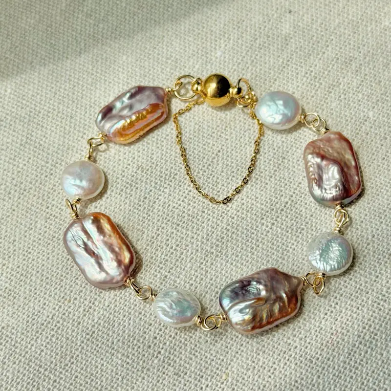 Mauve Rectangular & Coin Freshwater Pearls, Magnetic Clasp Pearl Bracelet