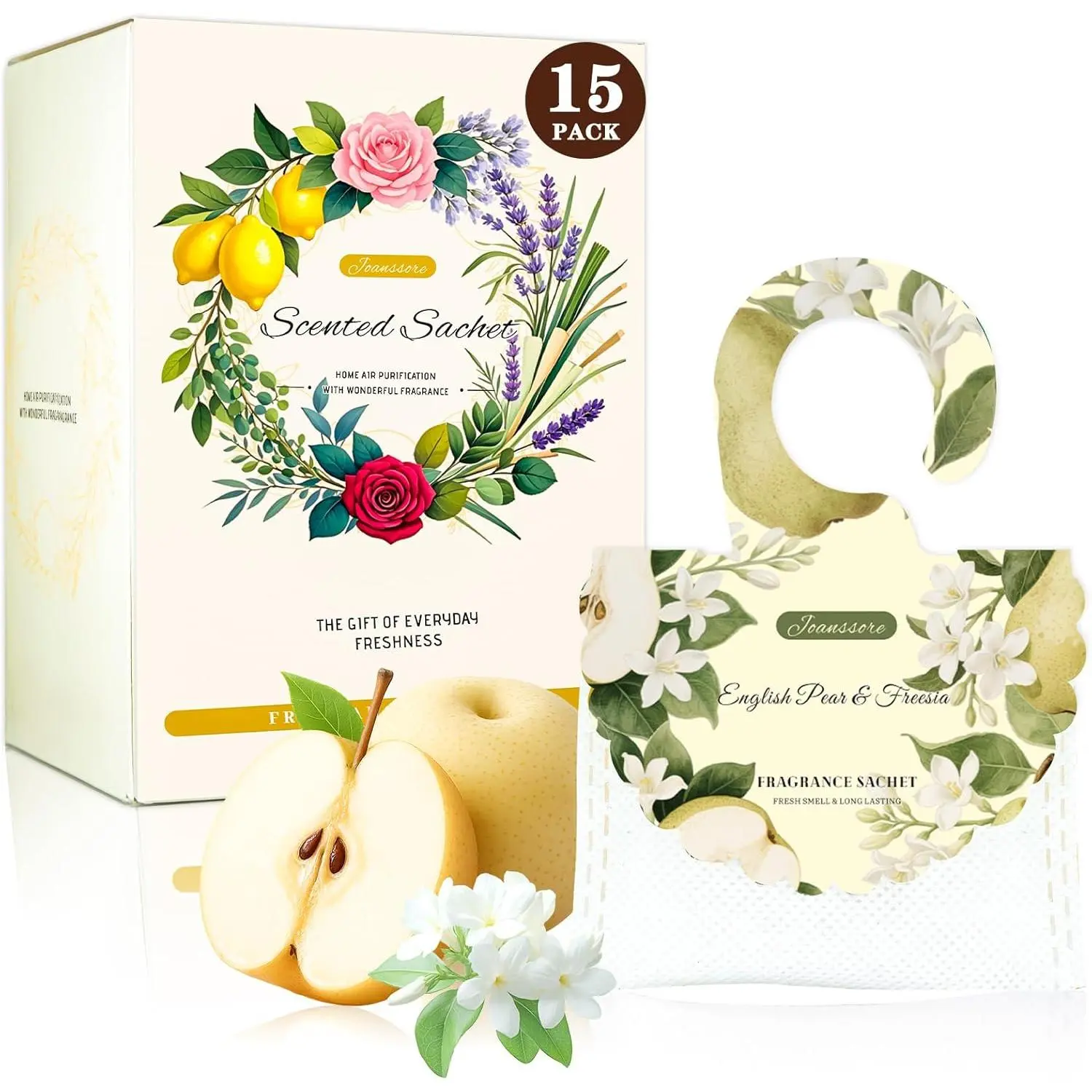 15 Packs of Scented Sachets for Drawers and Closets, Air Freshener for Home Fragrance Sachet, Long-Lasting Hanging Closet Deodorizer with Good Smells for the Home (English Pear & Freesia)