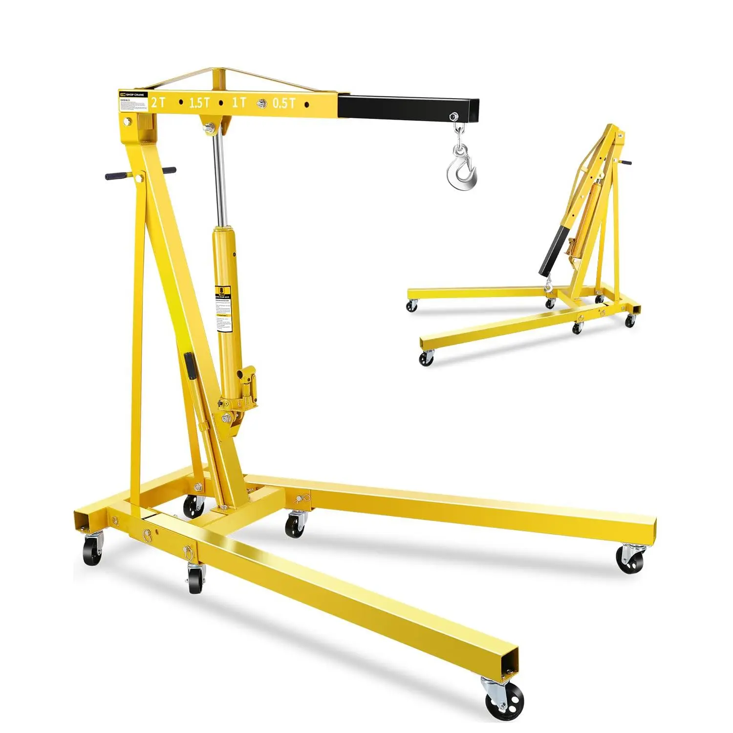 2-Ton Shop Crane, Hydraulic Folding Engine Hoist with 6 Steel Casters, Heavy-Duty Cherry Picker - Lift Car Transmissions, Boat Motors, Farm Equipment, Yellow/Red/Blue/Black