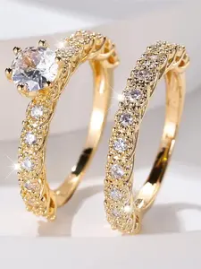 Round Stone Set Ring, Synthetic Crystal White Zirconia, Fashion Retro Gold, Wedding/Bride/Engagement Jewelry, Women's