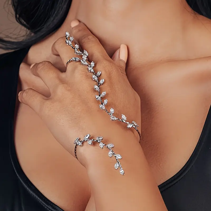 Fashion Diamond Leaf Bridal Bracelet, Rhinestone Decorated Alloy Leaf Design Finger Bracelet, Elegant Full Crystal Slave Bracelet