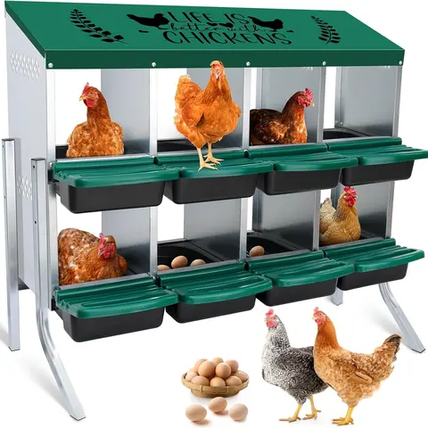 Galvanized Steel 8-Hole Nesting Boxes for Bird Cages - Rust-Resist Plastic, Perch, Side Vents, Height-Adjustable, Easy-Clean, Easy-Assemble, Auto Egg Tilt, Drain-Hole Mat for Chicken Eggs & Egg Laying Areas (8-32 Bird Fit)