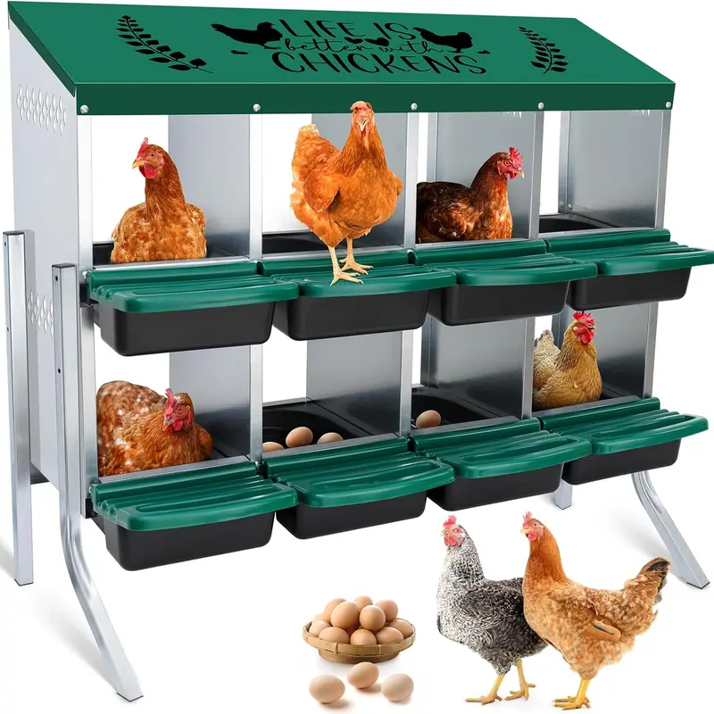 Galvanized Steel 8-Hole Nesting Boxes for Bird Cages - Rust-Resist Plastic, Perch, Side Vents, Height-Adjustable, Easy-Clean, Easy-Assemble, Auto Egg Tilt, Drain-Hole Mat for Chicken Eggs & Egg Laying Areas (8-32 Bird Fit)