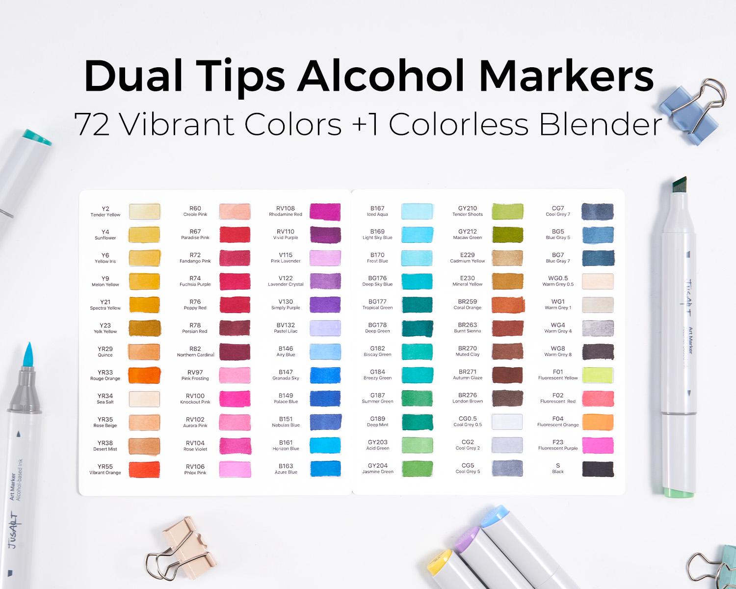 [JusArt] 72/48 Colors Dual Tip Art Markers with Brush & Chisel Pens, Alcohol Brush Markers, Alcohol Based Marker Set for Adult Coloring Books, Drawing, Illustration, Sketching, No Bleed Ink Art Supplies