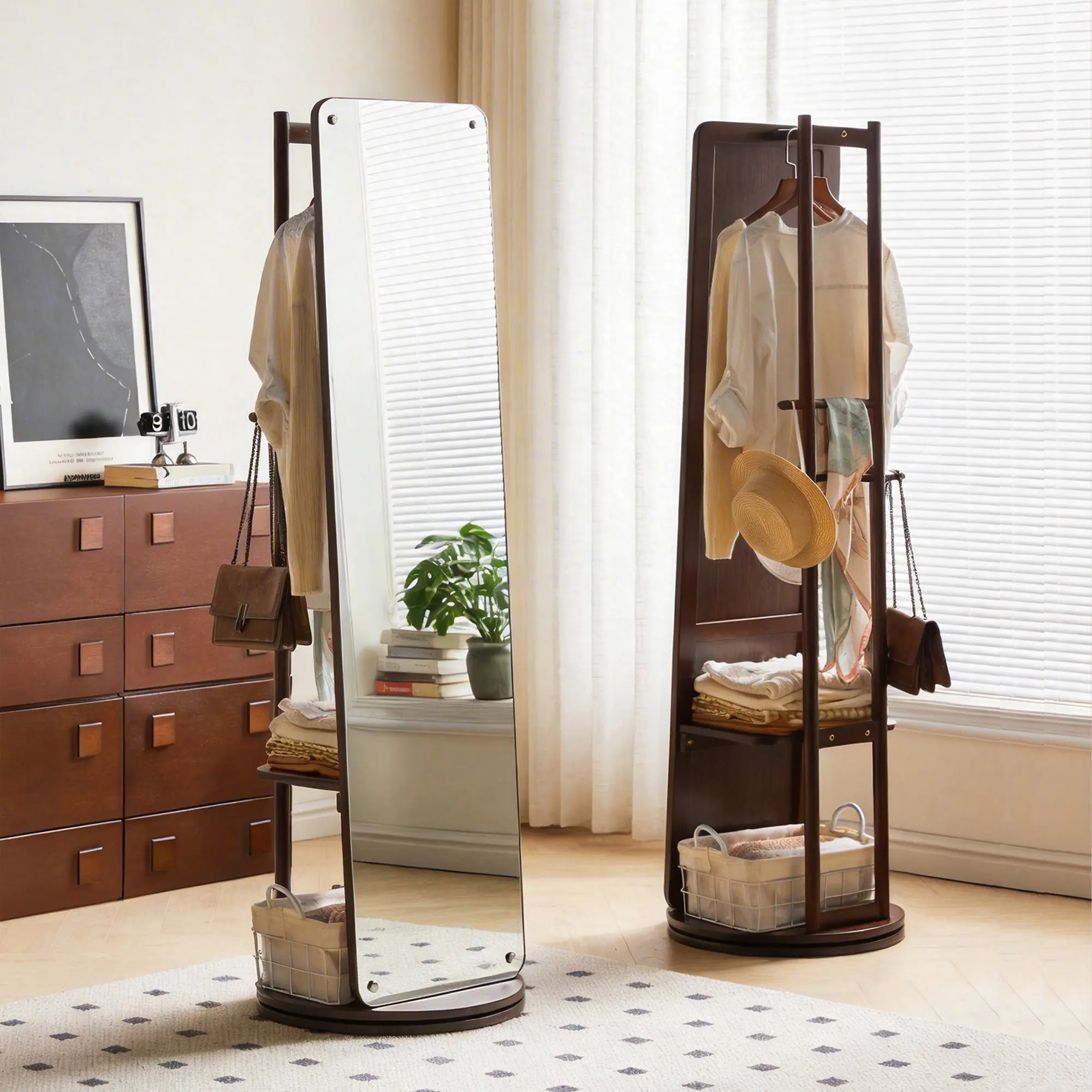 Full Length Swivel Mirror with Coat Rack, Solid Wood Floor Mirror Stand, Space-Saving for Bedroom Living Room Hallway, Explosion-Proof Glass,