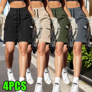 Pack of 4 women’s summer fashion casual solid-color cargo shorts with drawstring waist and pockets, featuring a simple large patch pocket; suitable for outdoor leisure, sports, everyday fashion outfits, etc Summervibes