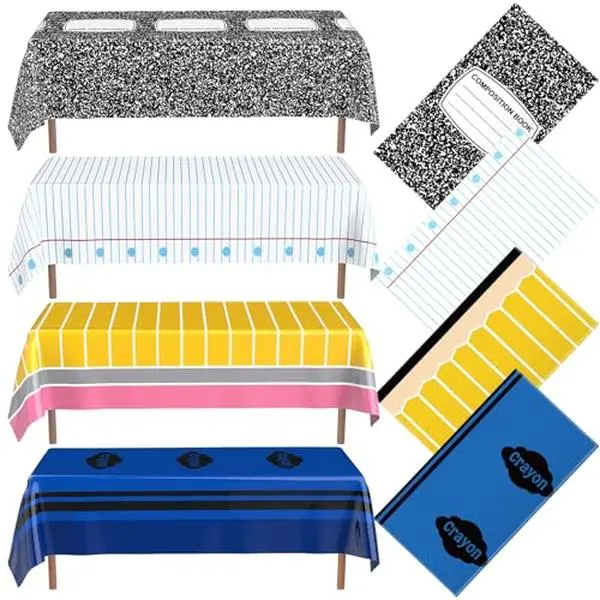 4 Pcs Back to School Tablecloths 54" x 108" Plastic Table Covers for Preschool & Kindergarten, Includes Multicolor Notebook Cover, Inserts, Pencil, Mix Pattern for Meet the Teacher Night, First Day of School Photo Backdrop, Bulletin Board Decorations
