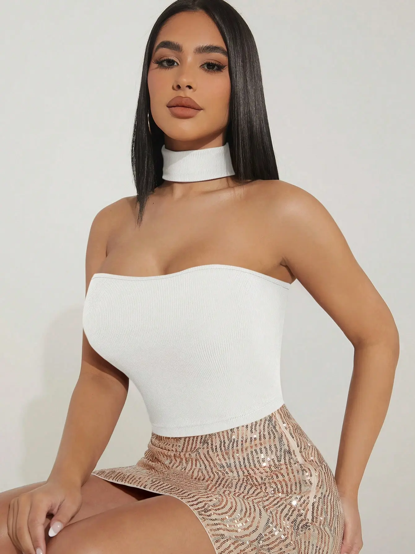 Women’s Solid Ribbed Knit Turtleneck Halter Crop Top - Fitted Sleeveless Summer Knit Top, sleeveless knit top, ribbed halter crop top, fitted summer top, minimalist crop top