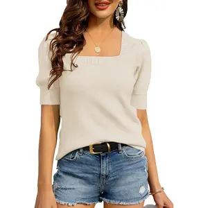 Bodosalia Womens Puff Short Sleeve Sweater Casual Summer Crew Neck Pullover Tops Ribbed Knit Sweater Blouse Knitwear Spring Womenswear Knitting