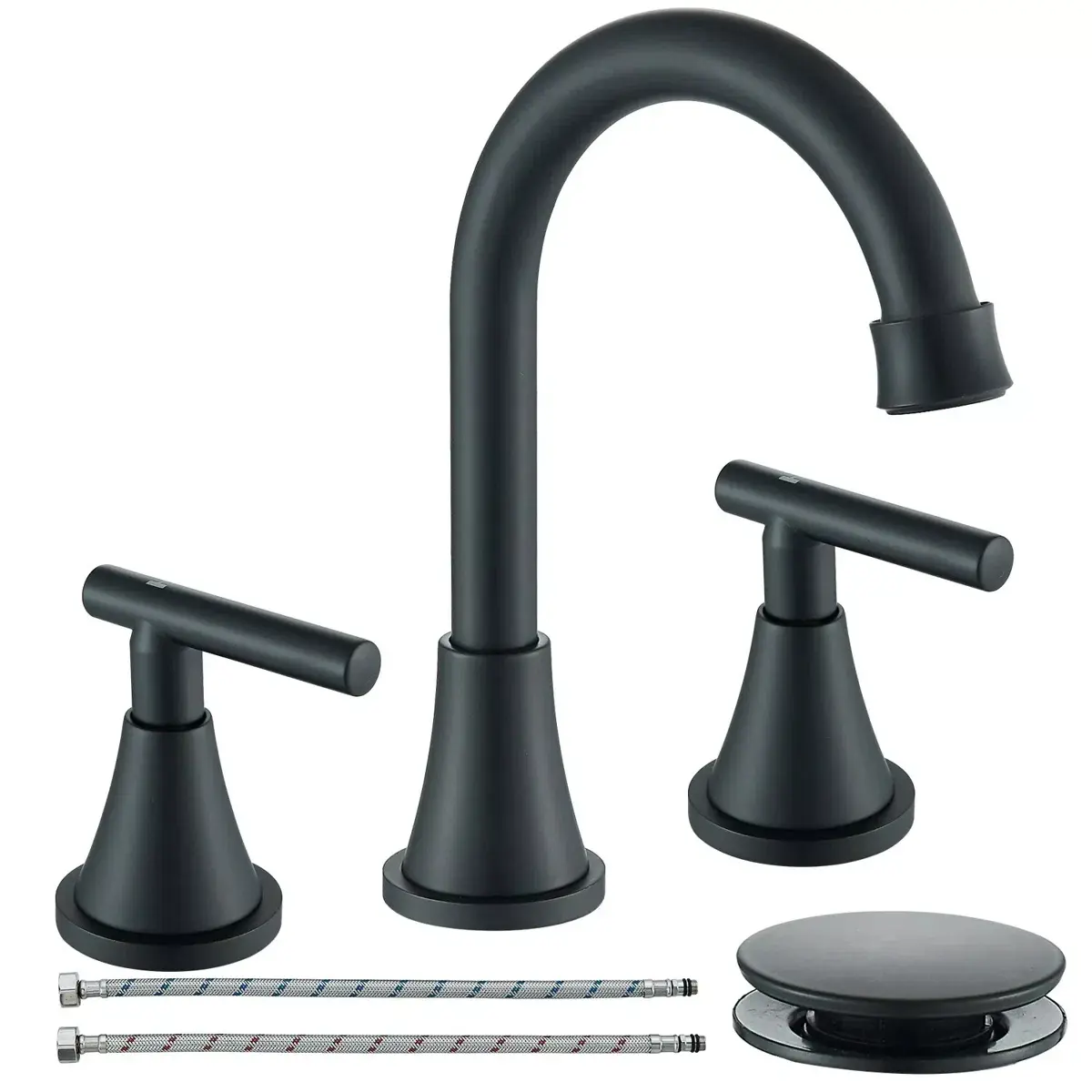 Indoor Matte Black Brass 2-Handle Centerset Lead-Free Modern 8-in Widespread Bathroom Sink Faucet, 360-Swivel Spout, 3-Hole RV Vanity Faucet with Pop-Up Drain & Hot-Cold Mixing Supply Lines