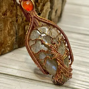 Sunstone Moonstone + Carnelian Tree of Life Necklace Genuine Copper Handmade for abundance, creativity, joy, new beginnings