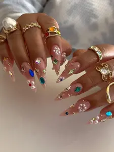 Luxury Press On Nails  Long Stiletto Crystal Nails  Rhinestone & Pearl Fake Nails  Glam Nail Art Set  Party Prom Nails  Reusable Nails