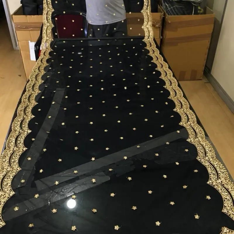 Solid Black Net Fabric Dupatta with Gold Zari, Sequins & Beads – Indian Lehenga Wedding Style Clothes