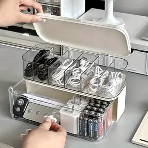 Premium Double-Layer Transparent Storage Box with Durable PP Material, Hinged Lid Cable Organizer for Desk and Drawer, Ideal for Charging and Data Cables