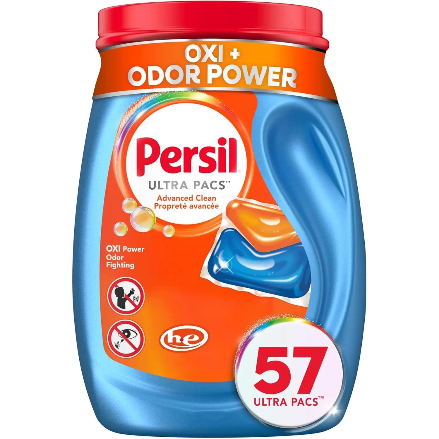 Persil Ultra Pacs Advanced Clean Oxi+Odor Power Laundry Detergent, 57-Count Mess-Free Single-Dose Soap, Anti-Odour Deodorizing HE-Safe Formula Fights Stains, Works in All Water Temperatures for Deep Clean, Anti-Odour Laundry Detergent, Deodorizing Laundry