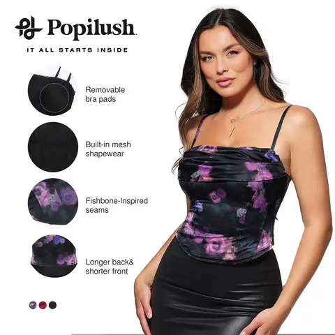 Popilush Women's Elegant Smooth Soft Satin Sculpting Cami Top with Built-in Shapewear - Adjustable Straps, Tummy Control, Versatile Style for Suiting Various Outfits