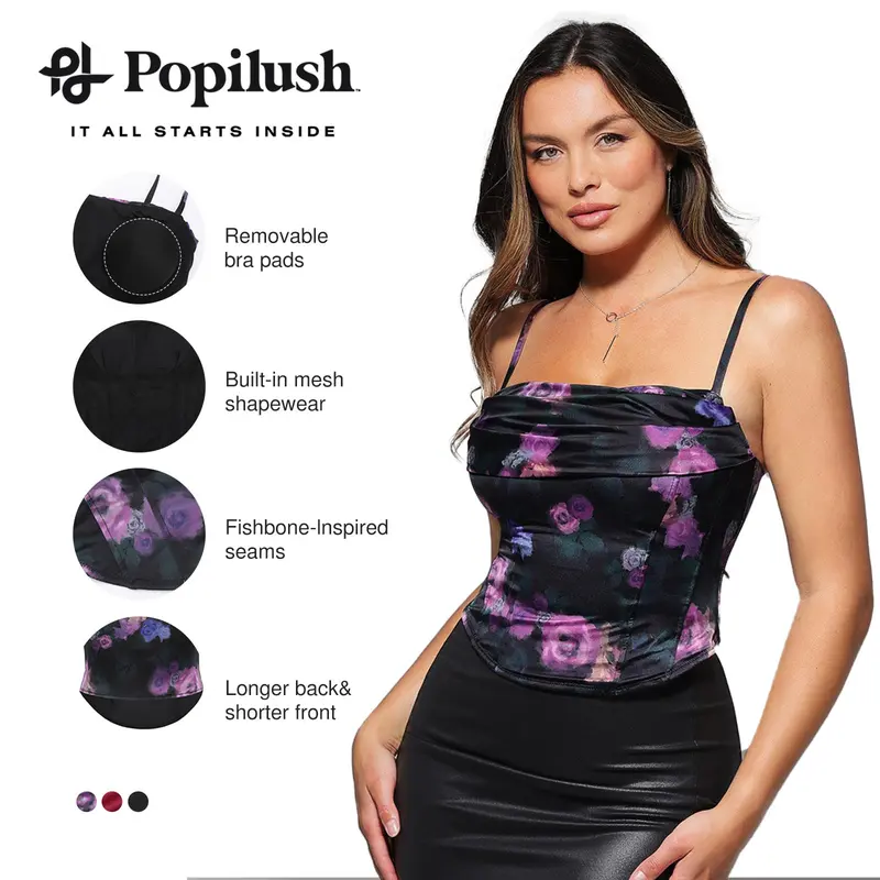 Popilush Women's Elegant Smooth Soft Satin Sculpting Cami Top with Built-in Shapewear - Adjustable Straps, Tummy Control, Versatile Style for Suiting Various Outfits