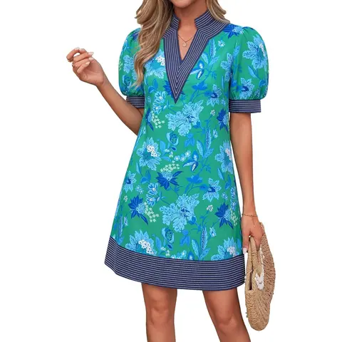 Wenrine Women's Summer Woven V-Neck Shift Dress - Casual Puff Short-Sleeve Color Block Bohemian Classic Above-the-Knee Womens Dresses with Pockets, Airy and Comfortable Beach-Ready Lightweight Elegant Minimalist Party Wear