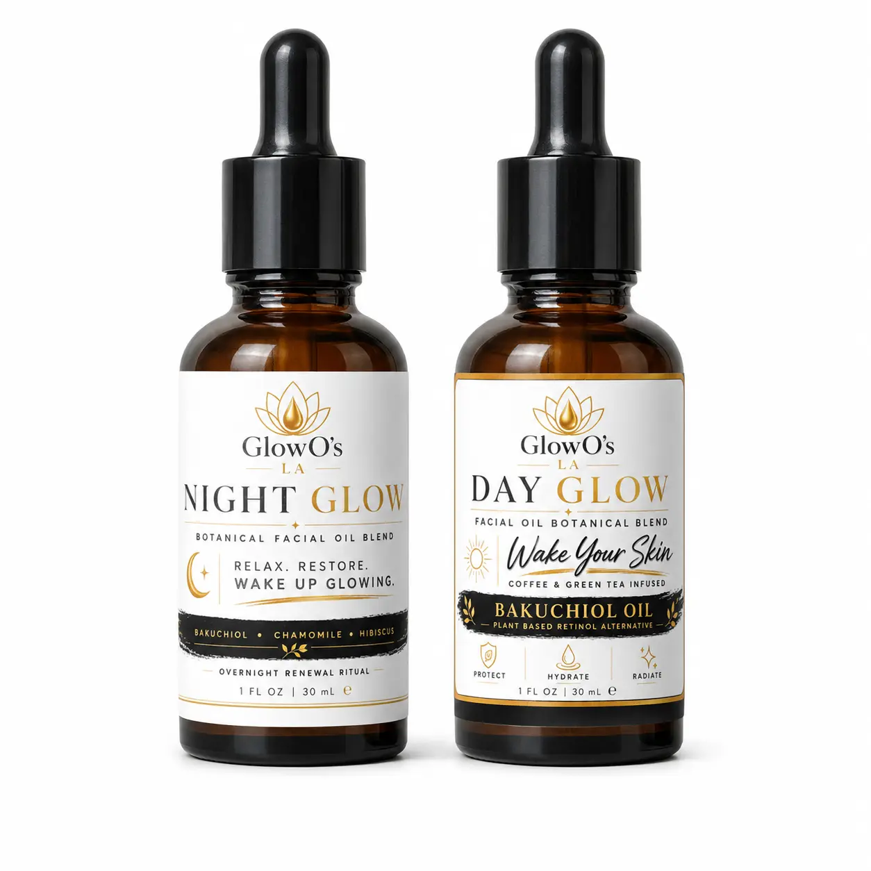 GlowO LA Together Glow Duo - Lightweight Apricot Scent Daily Moisture Bakuchiol Facial Oil Set, 2-Piece AM PM Skincare Serum
