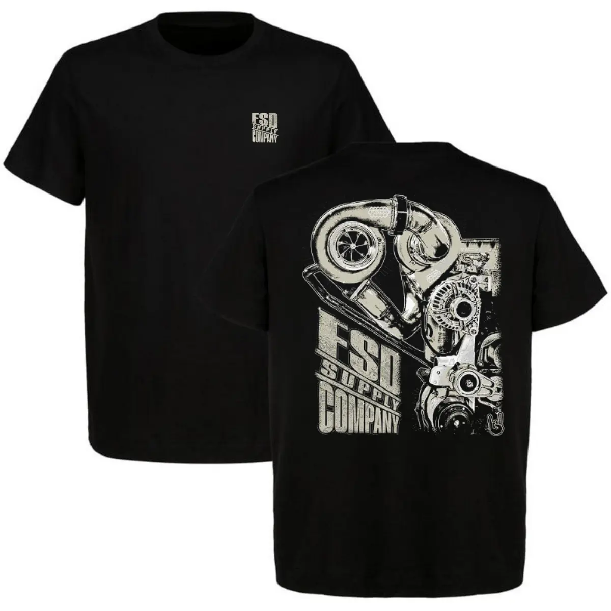 FSD Supply Co Twin Turbo Engine Graphic T-Shirt Performance Mechanical Diesel Power Oversized Black Vintage Tee