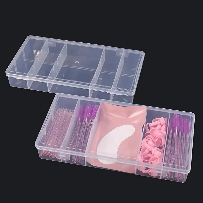 1pc Transparent Cosmetic Storage Box With Cover, Rectangle Vertical 5 Grid Eyelash Extension Tool Storage Box, Glue Tweezer Holder, Makeup Storage Organizer