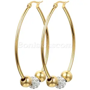 Stainless Steel 33mm Big Hoop Circle Rhinestone Charms Womens Gold Tone Earrings