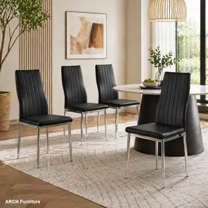 4-Piece Indoor Metal Frame Chairs Set, Chrome Color Legs, Black Seats, Set Of Four