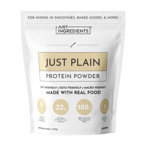 Just Ingredients Plain Protein Powder - 30 Servings - Supports Muscle Recovery & Energy* - Grass-Fed Whey & Organic Plant Proteins - 22g of Protein Per Serving - Gluten-Free - Made with Real Food - No Added Sugar - No Artificial Flavors or Dyes