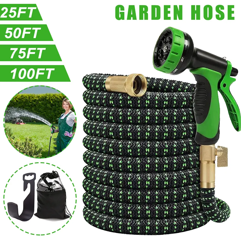 25/50/75/100FT Expandable Garden Hose, Water Pipe With 10-Function Nozzle, Additional Strength 2500D, Durable Flexible Water Pipe Without Kink, 3/4" Solid Fittings, Heavy Duty High Pressure Hose for Outdoor Tools
