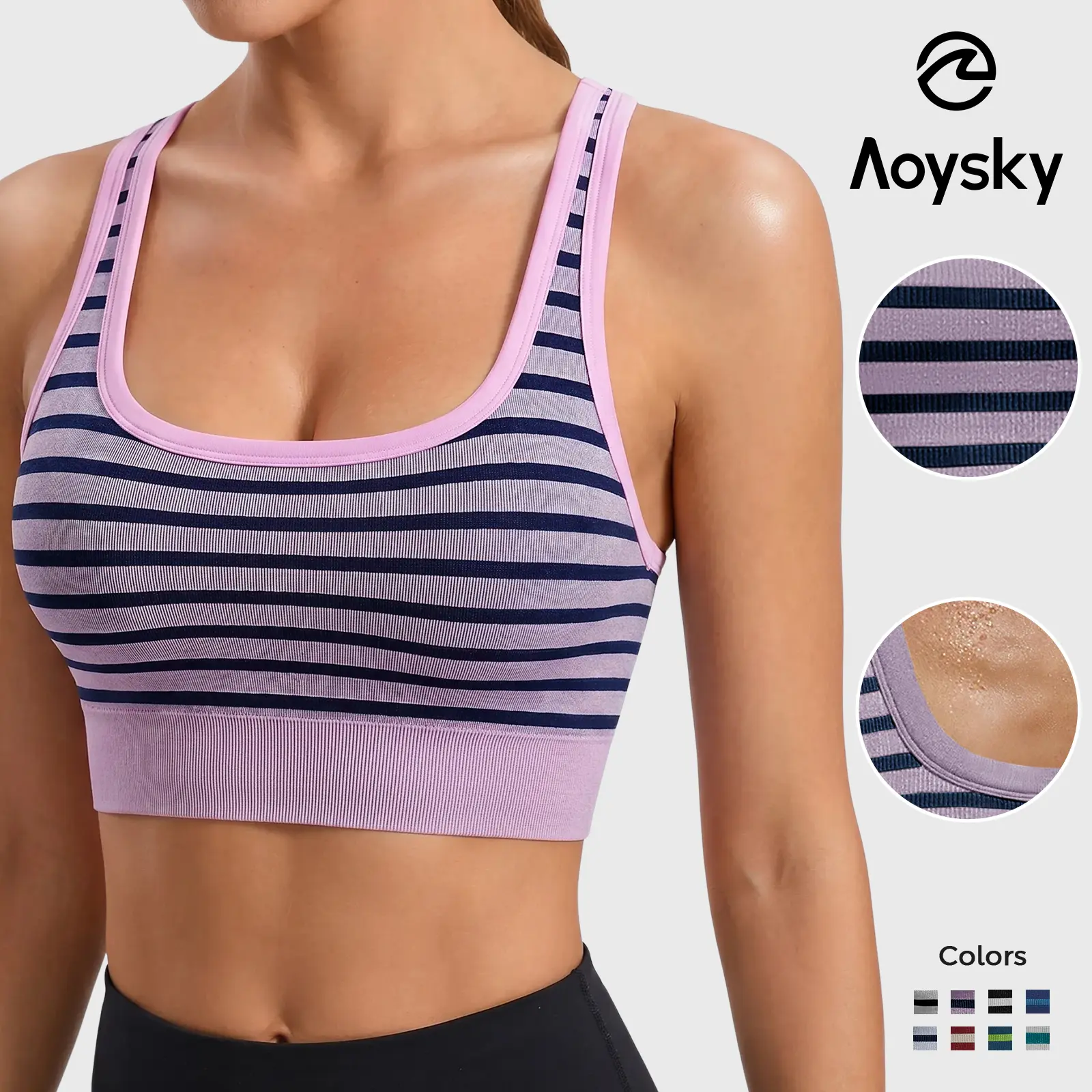 Aoysky Women's Ribbed Padded Racerback Scoop Neck Longline Striped Wireless Low-Impact Workout Gym Bralette, Plussize Women's Clothes Athleisure Essential Sports Bra