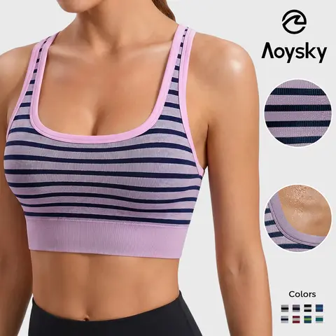 Aoysky Women's Ribbed Padded Racerback Scoop Neck Longline Striped Wireless Low-Impact Workout Gym Bralette, Plussize Women's Clothes Athleisure Essential Sports Bra