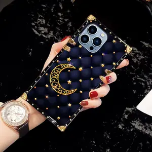 Luxury Gold Moon Star Diamond Grid Shockproof Silicone Protective Phone Case for iPhone 16 15 14 13 12 11 Pro Max Plus Cute Smartphone Casing with Screen Protector Cover