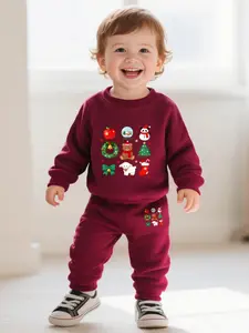 Christmas Baby Toddler Bear Snowman Christmas Gift Printed Round Neck Long Sleeve Pants Set, Comfortable Fall Winter, Cartoon Letter Pattern