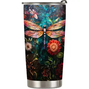 20oz Dragonfly Coffee Cup, Dragonfly Gifts for Dragonfly Lovers, Colorful Stained Glass Mosaic Dragonfly Tumbler Cup, Stainless Steel Coffee Thermos Insulated Travel Mug with Lid - R