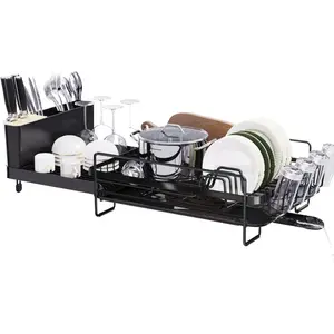Runnatal Large Dish Drying Rack with Drainboard Set, Extendable Dish Rack, Utensil Holder, Cup Holder, Expandable Dish Drainer