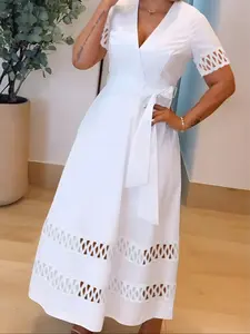 Women's Plus Size Solid Color Deep V Neck Short Sleeve Casual Stylish Elegant Waist Cinching Hollow Out Belted Dress, Patchwork Lace Up Wedding Dress, Casual Wear, Womenswear, Lady Vneck, Elegant Dresses