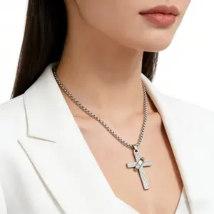 Black & Silver Cross Pendant Necklace, Spinning Design with  Chain, Bold Casual Jewelry